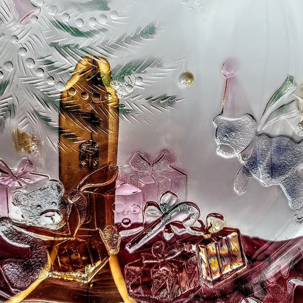 Share the Joy Christmas Glass Platter Santa Sleigh Teddy Bears 14" Caldor Vtg - Picture 4 of 10